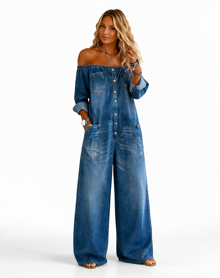 Nova – Off-Shoulder Denim Wide-Leg Jumpsuit