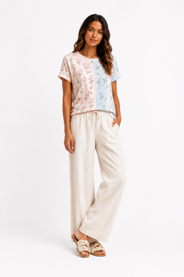 Sarah™ – Floral Colorblock Lace Trim Blouse