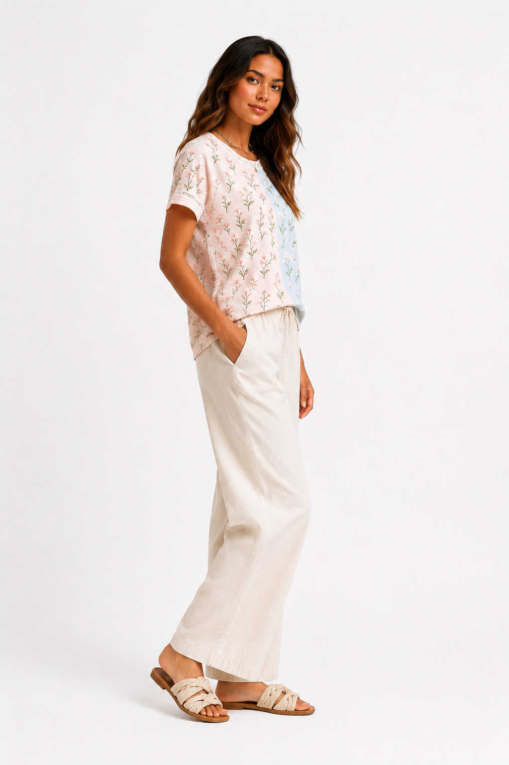 Sarah™ – Floral Colorblock Lace Trim Blouse