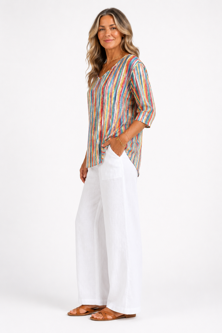 Marilou™ – Colorful Stripe Blouse & Wide-Leg Pants Set
