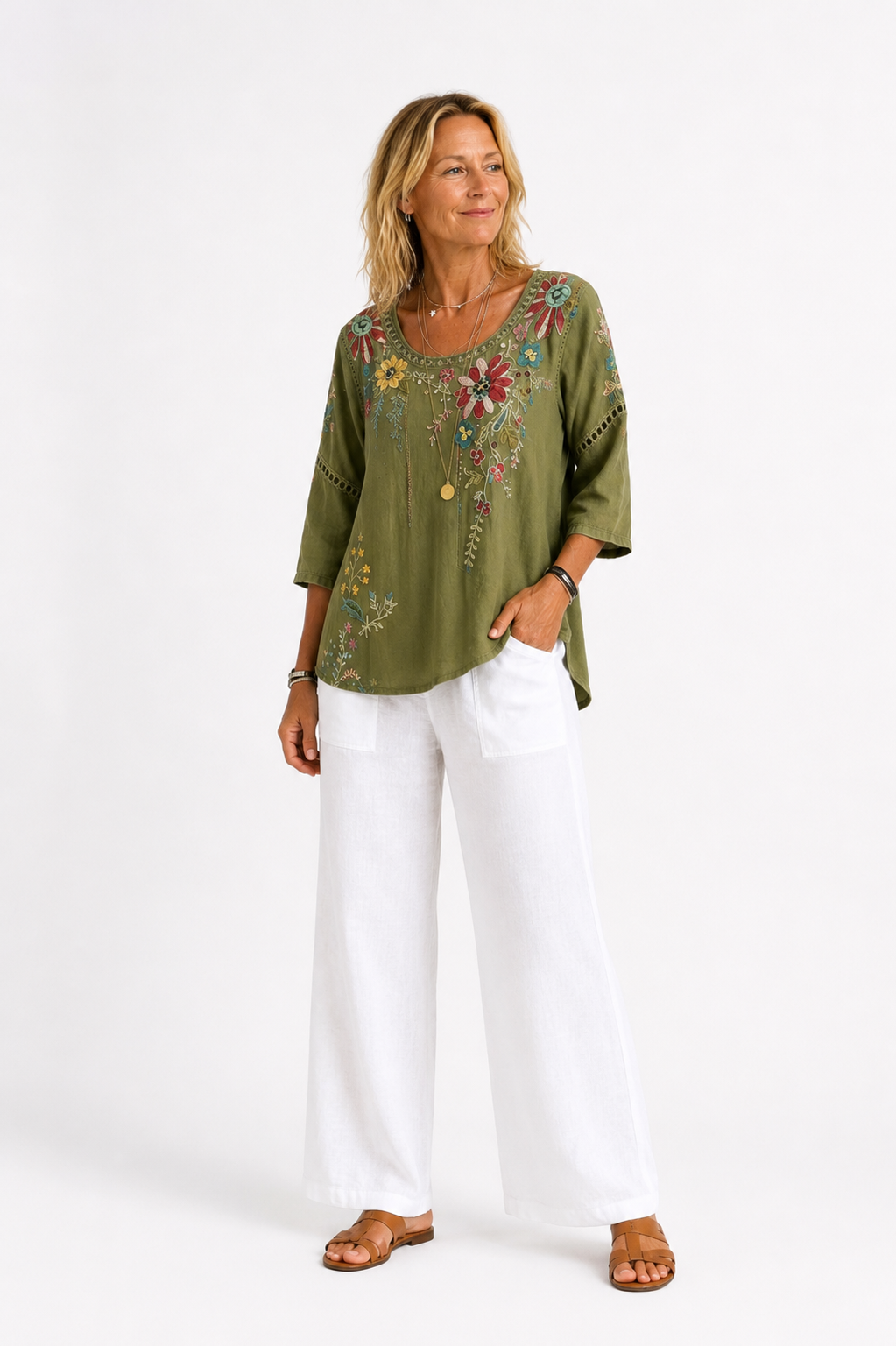 Lindsey™ – Embroidered Floral Blouse & Wide-Leg Pants Set