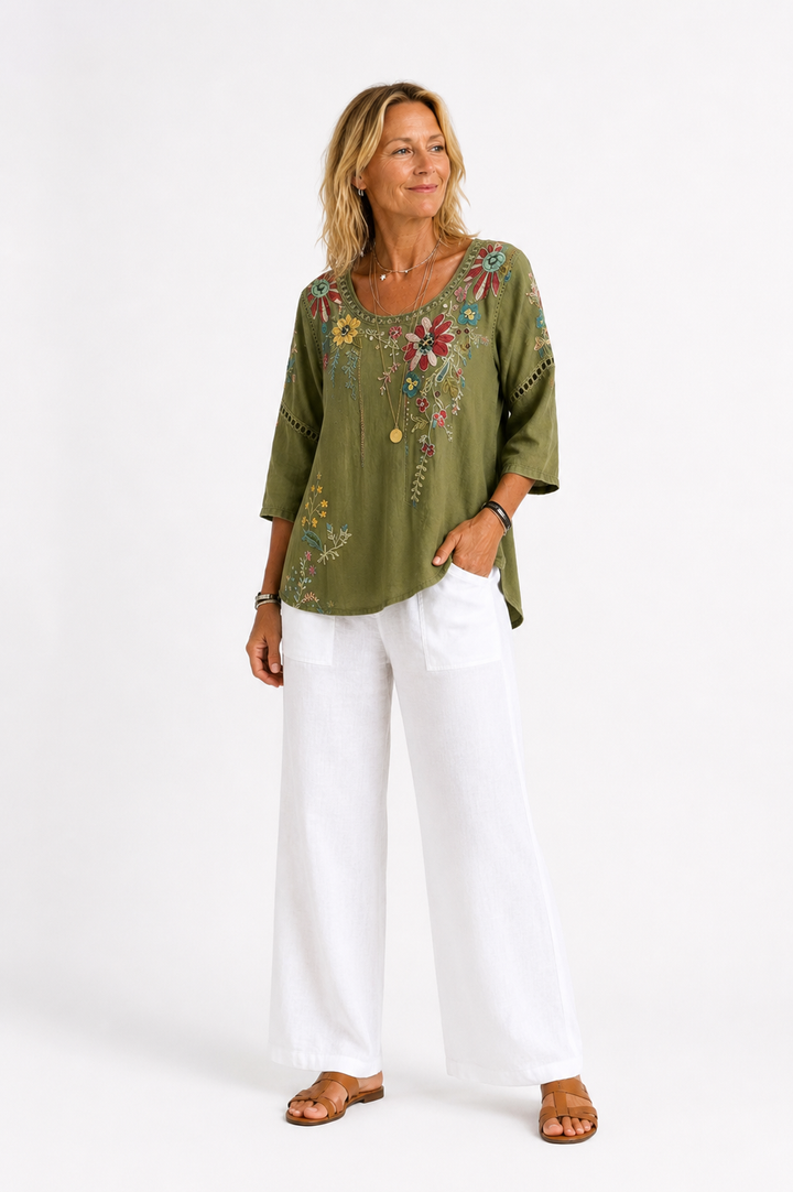 Lindsey™ – Embroidered Floral Blouse & Wide-Leg Pants Set