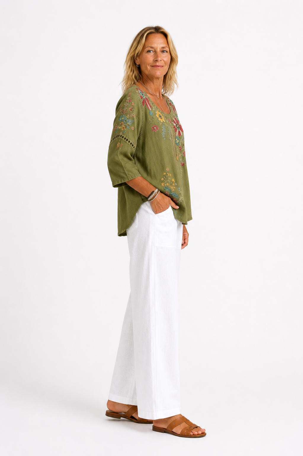 Lindsey™ – Embroidered Floral Blouse & Wide-Leg Pants Set