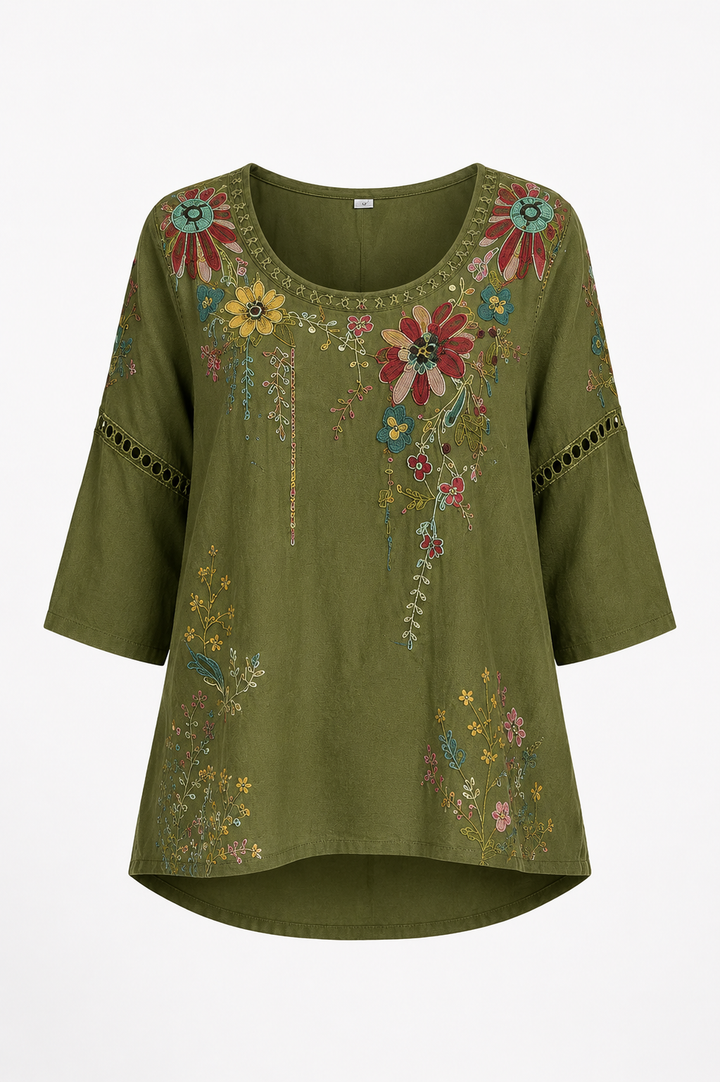 Lindsey™ – Embroidered Floral Blouse & Wide-Leg Pants Set