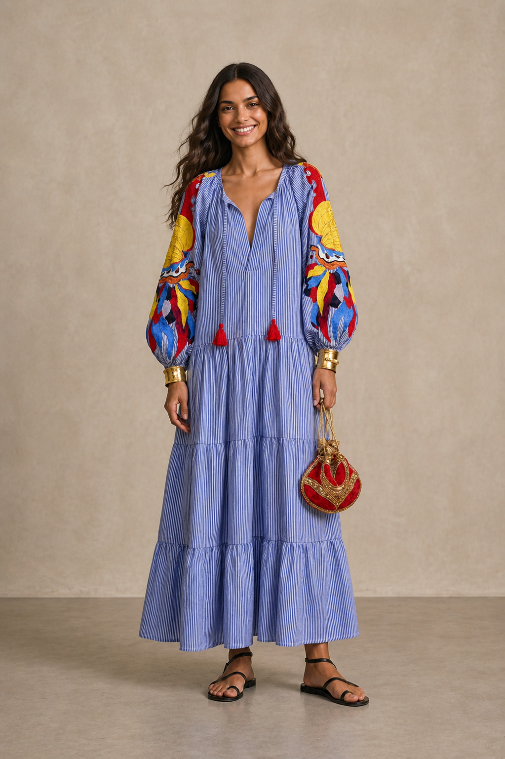 Noëlle – Bohemian Embroidered Sleeve Maxi Dress