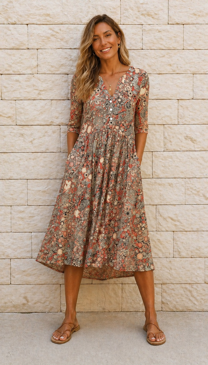 Clara – Elegant Floral Midi Dress with Pockets