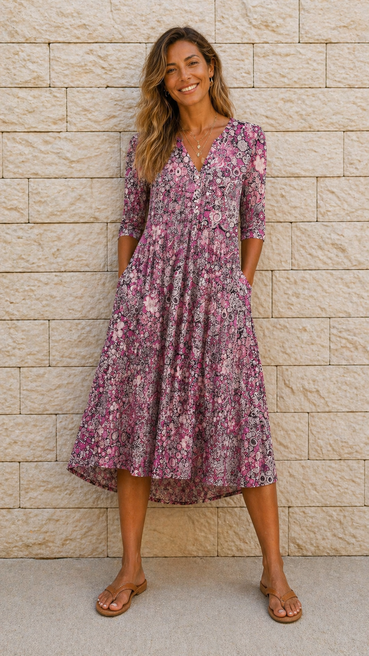 Clara – Elegant Floral Midi Dress with Pockets