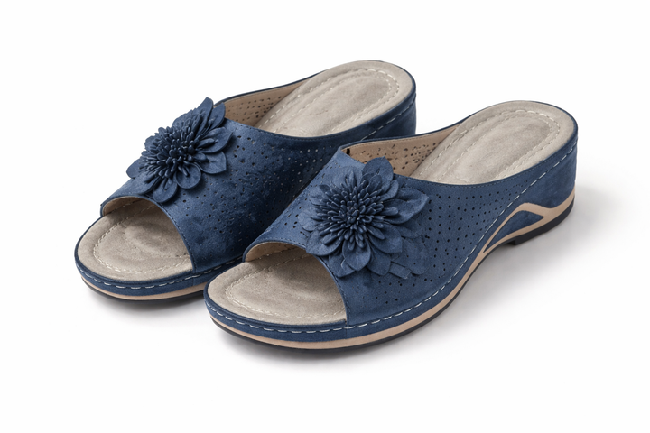 Flora- Comfort Blue Wedge Slides