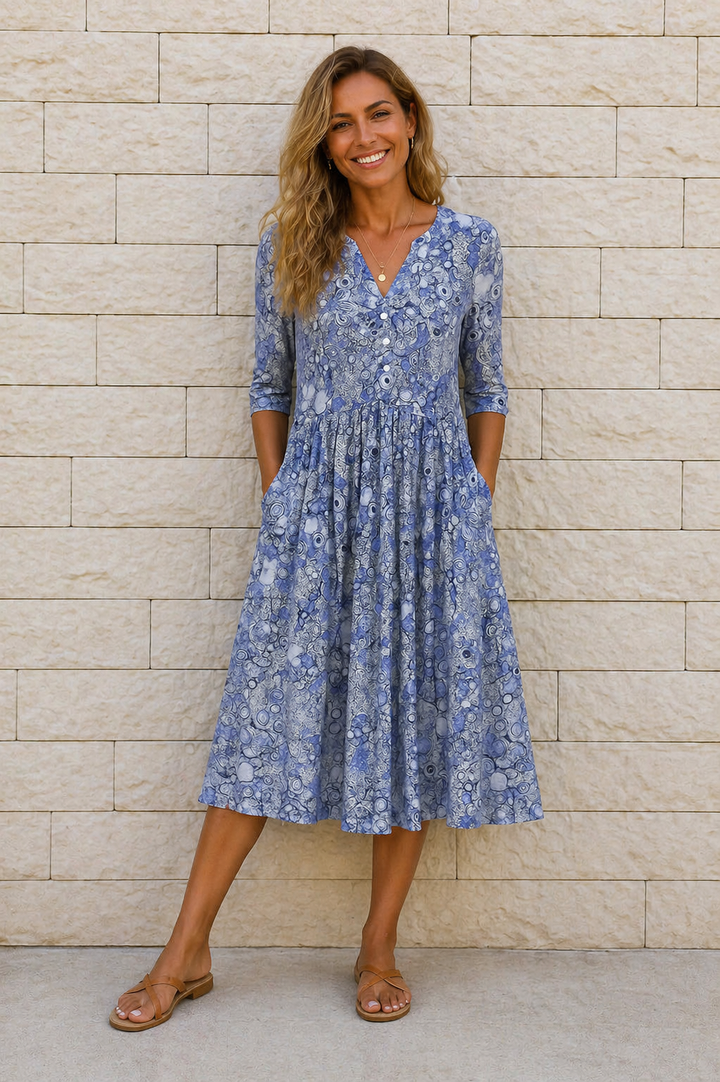 Clara – Elegant Floral Midi Dress with Pockets